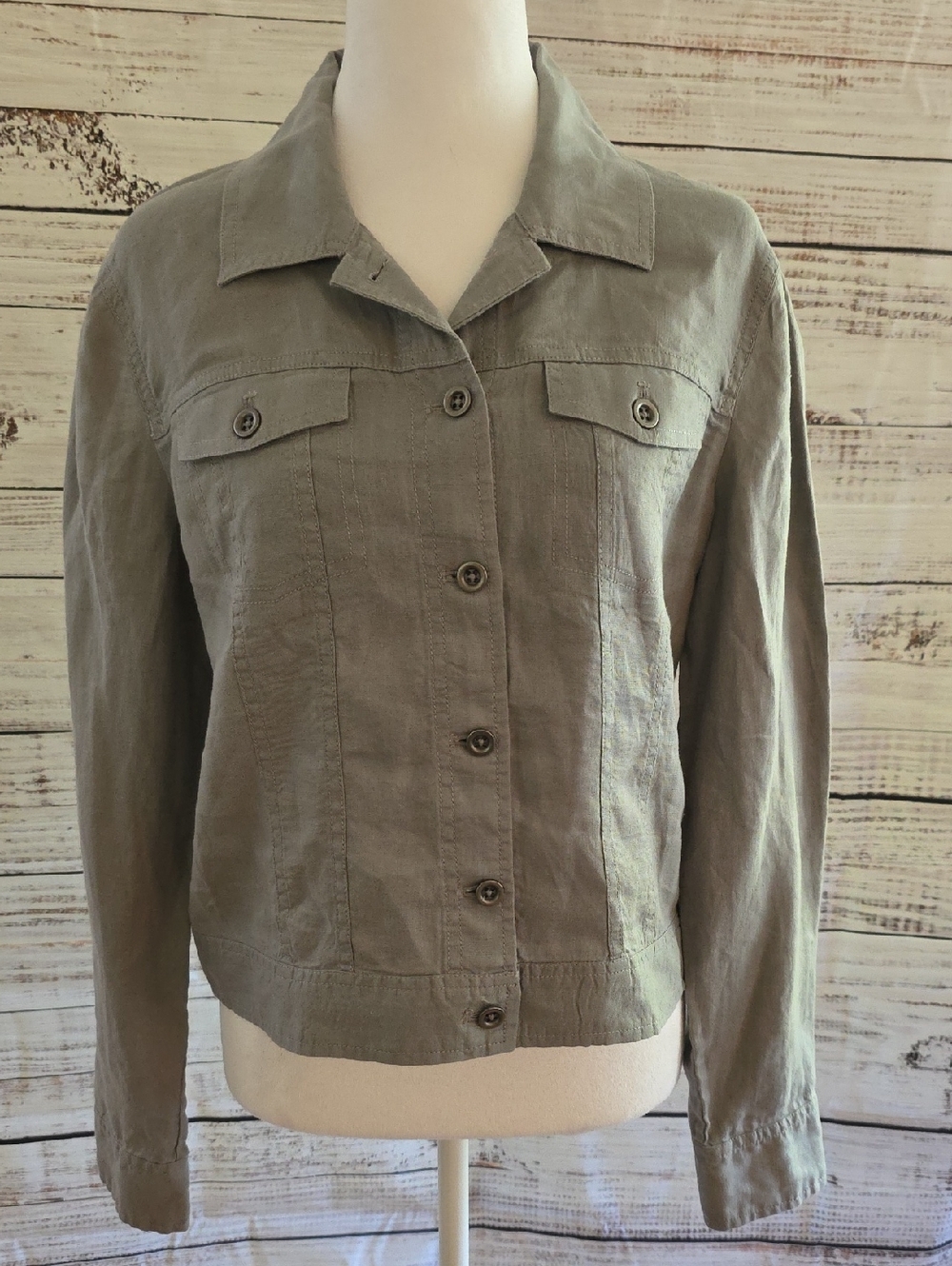 Eileen Fisher Gray Button-Front 100% Organic Linen Jacket SzS